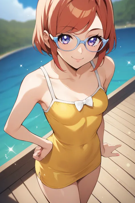 
score_9, score_8_up, score_7_up, Source_Anime, nsfw，and she is simple, A wooden pier overlooking a quiet lake, she fits her body, Yellow sundress with thin straps and a heart neckline，short dress，emphasizes her silhouette. Place one hand on your hip、and s...
