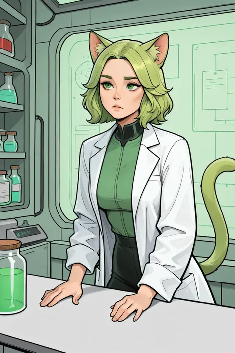 catgirl, alone in the foreground, in an idle pose, She has acidic green hair, lab background, green eyes, lab coat