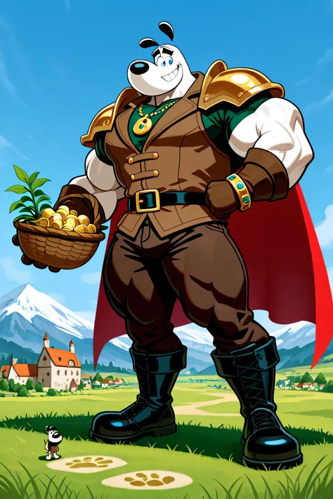 A Giant muscular dudley puppy (T.U.F.F Puppy), white dog, gigantic chin, cartoon 2d style, saturaded colors, giant size, macro size, full body, gigantic muscular body, castle background, Masterpiece, best quality, high quality, detailed, Dudley Puppy, male...