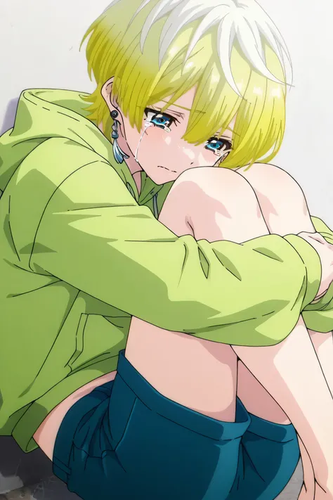 tenka izumo, solo girl, Anime style, short hair, multicolored hair, white hair, blonde hair, blue eyes, hair between eyes, single earring, green cropped hoodie, blue shorts, fetal_position, crying sad 