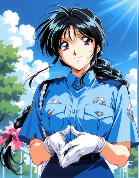 solo,
AEMiyukiK, purple eyes, black hair, long hair, braided ponytail, hair ribbon, Pink bow,
Police uniform, blue shirt, breast pocket, rope, short sleeves, White gloves, blue skirt,
1990s \(style\), steepled fingers, smile, outdoors, blue sky,, master...