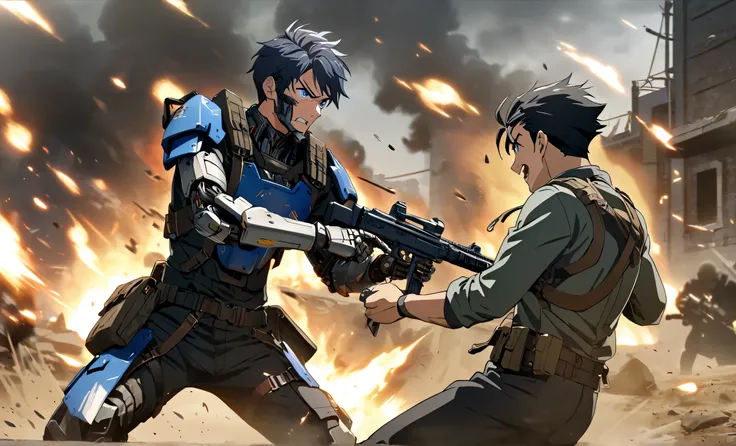 1boy, male, cute boy, Black short hair, Blue eyes, Ekkarit Masiha, a solder doing military fight, fight shoot effect, background in battlefield, gun, Super Blue, mechanical arm, cyborg, Armor Black, Core Blue, Anime, Fight shoot effect, while his rifle loc...