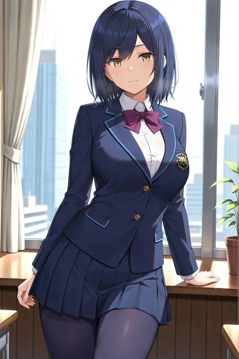 solo,masterpiece,best quality, amazing quality, highres, absurdres, very aesthetic, high resolution, ultra detailed, perfect details,nijirin,large breasts,yellow eyes,blue hair,black hair,moles,medium hair,nijirincos,white shirt,collared shirt,purple bowti...