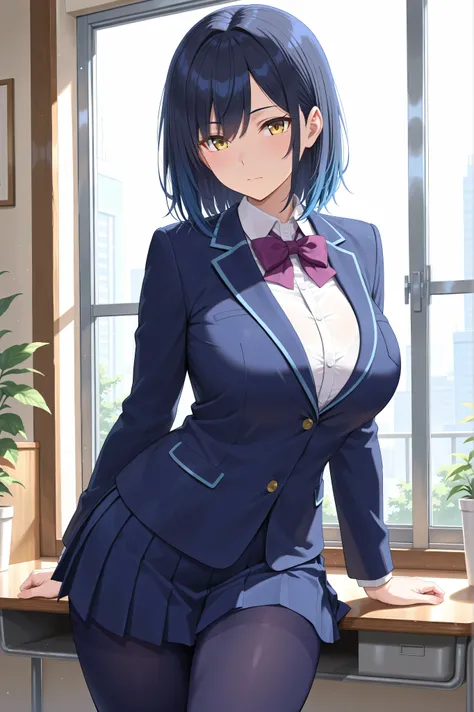 solo,masterpiece,best quality, amazing quality, highres, absurdres, very aesthetic, high resolution, ultra detailed, perfect details,nijirin,large breasts,yellow eyes,blue hair,black hair,moles,medium hair,nijirincos,white shirt,collared shirt,purple bowti...