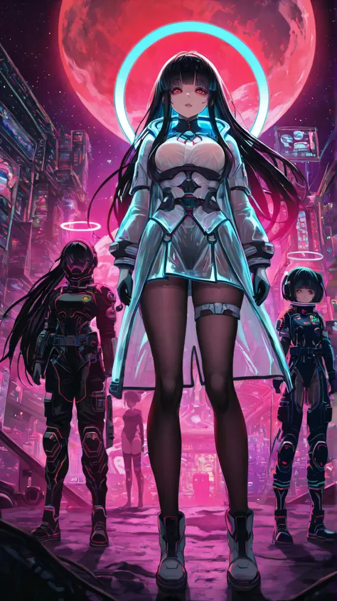 masterpiece、Best Quality、8k、Houraisan Kaguya,Sf, near future,kaguyahime dress,luna Princess、pink military Chinese space suit, space military, pink-based science fiction space combat uniform、,cyberpunk, Outside the future space station、Colorful balls of lig...