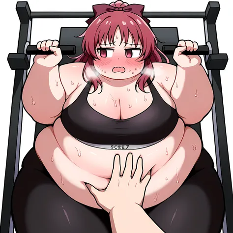 score_9, score_8_up, score_7_up, source_anime, kyouko sakura, long hair, red eyes, ponytail, hair bow, red hair,, exercise bike, bike, sitting, bent over, exercise machine, exercising, sports bra, yoga pants, open mouth, sweating, steam, cleavage,, , cowbo...