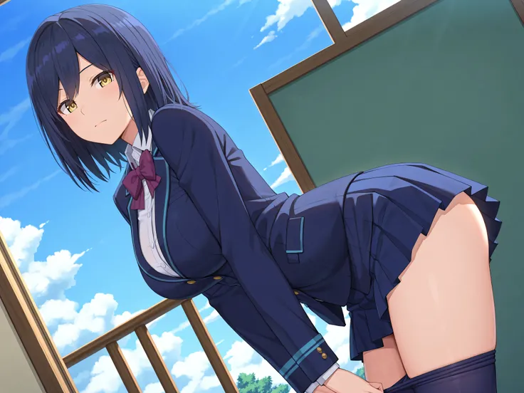solo,masterpiece,best quality, amazing quality, highres, absurdres, very aesthetic, high resolution, ultra detailed, perfect details,nijirin,large breasts,yellow eyes,blue hair,black hair,moles,medium hair,nijirincos,white shirt,collared shirt,purple bowti...