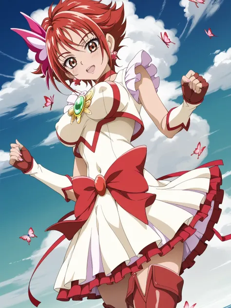 score core 8 up、score 7 up、source anime、傑作、best quality、best resolution、best image quality、anime coloring、1girl、cure rouge、red hair、short hair、brown eyes、spiked hair、solo、jewelry、pink flower hair ornament、Vivid anime style、girl is a standing、White dress wi...