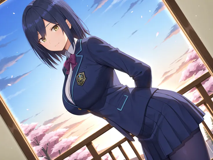 solo,masterpiece,best quality, amazing quality, highres, absurdres, very aesthetic, high resolution, ultra detailed, perfect details,nijirin,large breasts,yellow eyes,blue hair,black hair,moles,medium hair,nijirincos,white shirt,collared shirt,purple bowti...