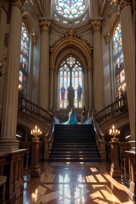exploring an enchanted palace, a vast and ornate interior, intricate architectural details, gilded columns and arches, shimmering chandeliers, rich tapestries adorning the walls, a grand staircase leading to upper levels, a majestic throne at the center, s...