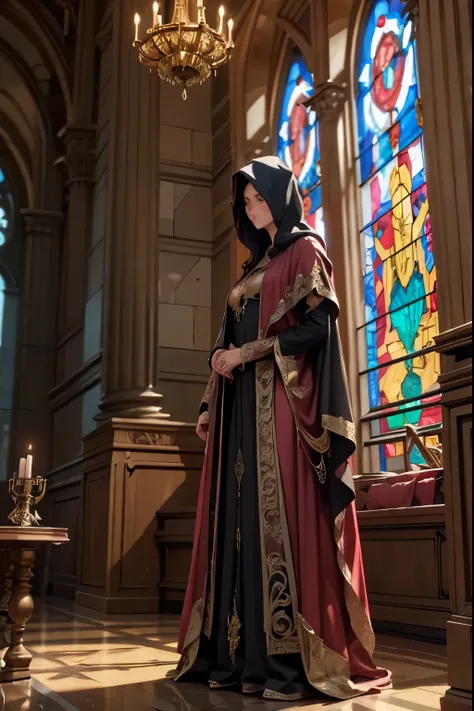 exploring an enchanted palace, detailed fantasy palace interior, large ornate throne room, intricate stone architecture, stained glass windows, glowing magical lights, mysterious hooded figure standing at the center, dramatic cinematic lighting, vivid colo...
