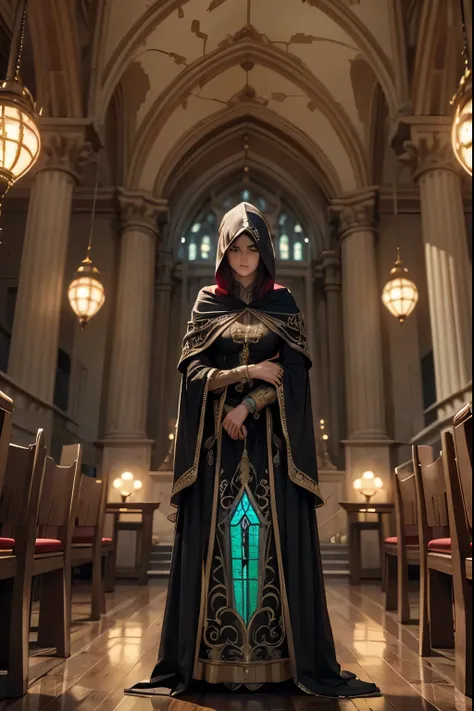 exploring an enchanted palace, detailed fantasy palace interior, large ornate throne room, intricate stone architecture, stained glass windows, glowing magical lights, mysterious hooded figure standing at the center, dramatic cinematic lighting, vivid colo...