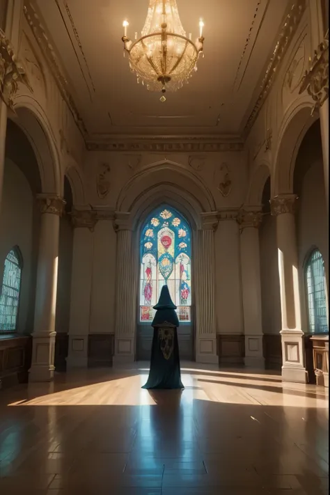 exploring an enchanted palace, detailed fantasy palace interior, large ornate throne room, intricate stone architecture, stained glass windows, glowing magical lights, mysterious hooded figure standing at the center, dramatic cinematic lighting, vivid colo...