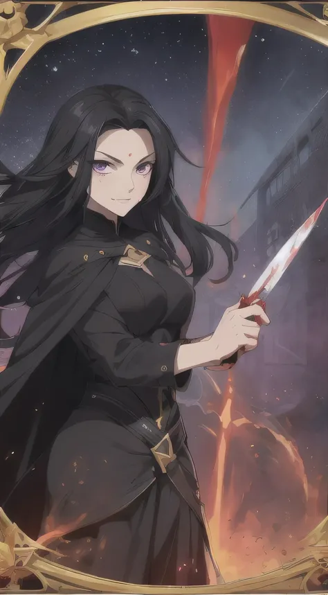 35-year-old female,  Exposed Forehead , Black long hair, purple eyes, Jet Black Dress, Black cape, Evil, maturity,Make it like a tarot anime style but framed, Blood Energy，Blood Particles, Short knife