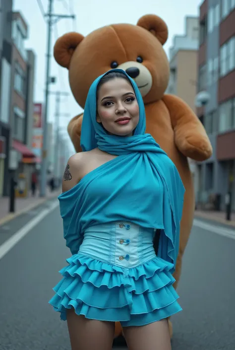 CUTE MALAY SCARF HIJAB GIRL WEARING NEON BLUE RUFFLE CORSET, (realistic, photo-realistic:1.4), (1 FUTUNARI), medium ,  and  plain panties, hand on hips, ((medium )), ((TEARS)). KEDUA BELAH TANGAN DILETAK DIBELAKANG PUNGGUNG' Futanari long erect , backgroun...