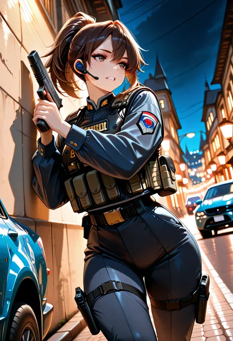 masterpiece, best quality, very aesthetic, absurdres, stylized, newest, depth of field, HDR, high contrast, sharp focus, 8k resolution, cinematic lighting,(lighting:0.2), 1girl, solo, perspective is slightly angled creating a sense of depth, middle-aged, d...