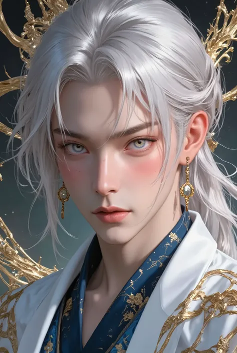 ((Top Quality, 8K, Masterpiece: 1.3)), Sharp Focus: 1.2, (Mature male, handsome, One Bangs Cover Right Eyes, Tied-Back hair, Medium hair, jfcut, Gold Prismatic Eyes, Flawless Eyes, ((Silver Hair)), freckles ,male focus, handsome man, thickly painted, semi-...