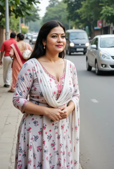 Beautiful middle-aged Indian woman waiting on footpath for school bus at busy Indian streets. Woman is 38 year old, fair skinned, model like, beautiful woman, beautiful eyes, natural sagging breasts, curvy figure, natural realistic skin, wide waists, weari...