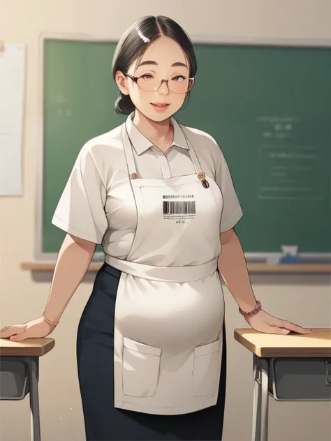 score_9, score_8_up, score_7_up, score_6_up, Source_Anime, nsfw，small breasts，face，Petite body，Short Height，skinny，thin hands and feet，48-year-old Japanese mature, Middle-aged obesity，The teacher is wearing an apron alone，glasses，school classroom，
barcode ...