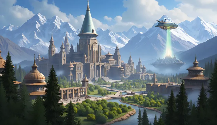 fantasy city inspired by Almaty, Kazakhstan, Dungeons & Dragons setting, majestic city, nestled at the foot of snow-covered mountains, ancient wooden temples, arcane towers, floating airships, lush apple orchards glowing with magical light, shimmering mark...