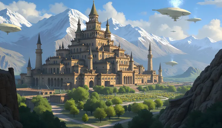 fantasy city inspired by Almaty, Kazakhstan, Dungeons & Dragons setting, majestic city, nestled at the foot of snow-covered mountains, ancient wooden temples, arcane towers, floating airships, lush apple orchards glowing with magical light, shimmering mark...