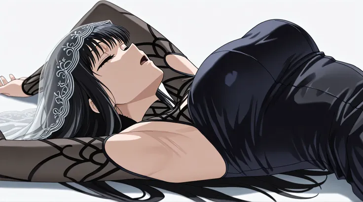 masterpiece, best quality, amazing quality, anime screencap, 1girl, solo, osaragi, osaragi (sakamoto days), black hair, long hair, black eyes, veil, black dress, Raise arms straight up over head, armpit, head towards viewer, eyes closed, (front light:1.1),...