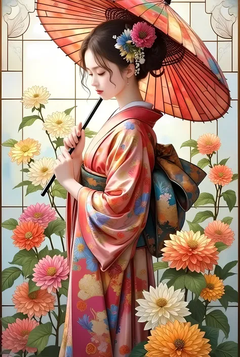 (top quality, high resolution, greatest masterpiece:1.4),Girl with a Japanese Umbrella、wearing a beautiful Japanese kimono、colorful chrysanthemums。pastel background、Oil Painting and Digital Art、Delicate and Bold Details、  Impressive Works of Art  。stained ...