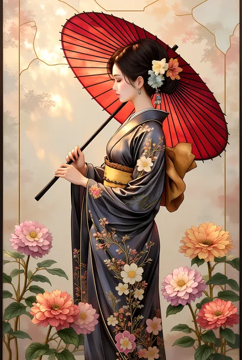 (top quality, high resolution, greatest masterpiece:1.4),Girl with a Japanese Umbrella、wearing a beautiful Japanese kimono、colorful chrysanthemums。pastel background、Oil Painting and Digital Art、Delicate and Bold Details、  Impressive Works of Art  。stained ...