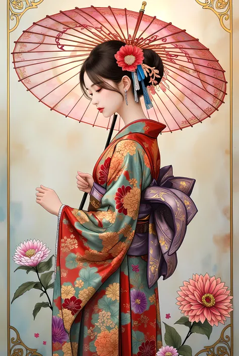 (top quality, high resolution, greatest masterpiece:1.4),Girl with a Japanese Umbrella、wearing a beautiful Japanese kimono、colorful chrysanthemums。pastel background、Oil Painting and Digital Art、Delicate and Bold Details、  Impressive Works of Art  。stained ...