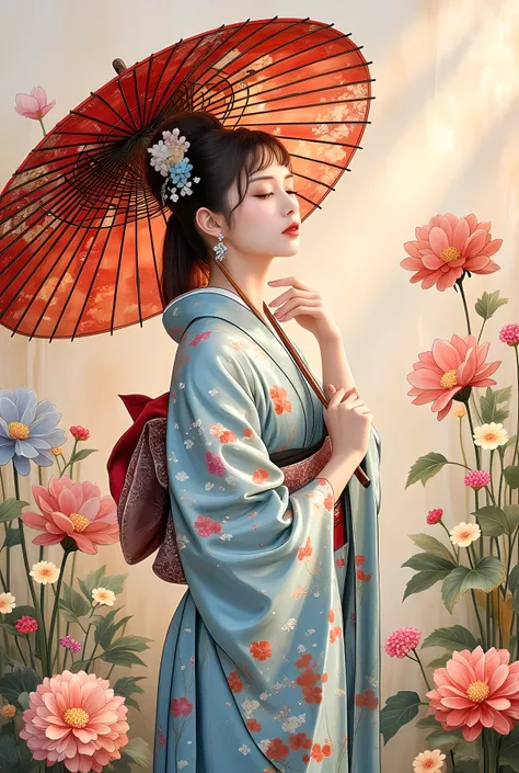 (top quality, high resolution, greatest masterpiece:1.4),Girl with a Japanese Umbrella、wearing a beautiful Japanese kimono、colorful chrysanthemums。pastel background、Oil Painting and Digital Art、Delicate and Bold Details、  Impressive Works of Art  。stained ...