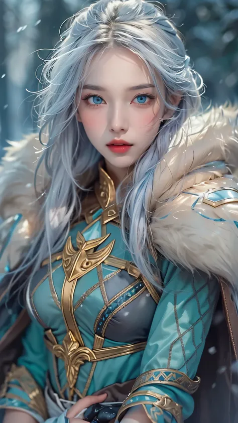 A tall, graceful female Winter Eladrin rogue with pale blue skin and glowing golden eyes. Her long, wind-blown hair flows in icy teal-blue shades, matching the cold winter landscape around her. She wears dark, intricately detailed leather armor with subtle...