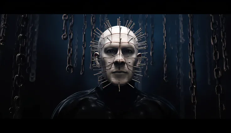 Hellraiser, Pinhead, portrait, dark room, large chains hanging from the ceiling in the background, foggy, darkness and fog background, surreal, high detail, masterpiece.
