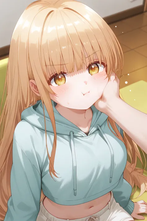 Mahiru Shiina: cropped hoodie, white shorts, Cheek Puff / Puffing Cheeks
