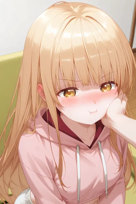 Mahiru Shiina: cropped hoodie, white shorts, Cheek Puff / Puffing Cheeks, blushing