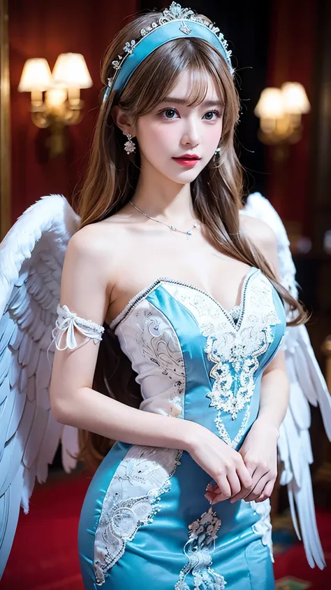 One wearing a white dress、Close-up of a beautiful woman with angel wings,  beige hair, formidable (turquoise route), twisting the body, Details, Fabric headdress, intricate Details, 's charming gaze, Gorgeous jewelry, Dramatic Lighting,  sacred atmosphere ...
