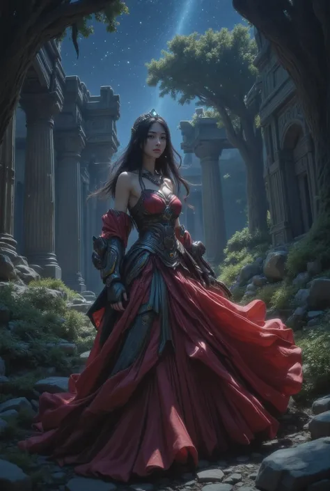 Japanese woman standing in an ancient greek temple in forest, The composition is her whole body, She is wearing a fantasy armor over her dress, She is wearing a Takebe Motoichiroh style sexy dress, The dress color is red, The dress has bare shoulder, She i...
