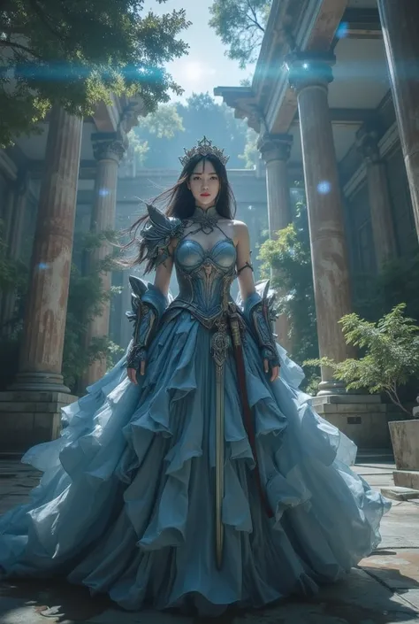 Japanese woman standing in an ancient greek temple in forest, The composition is her whole body, She is wearing a fantasy armor over her dress, She is wearing a Takebe Motoichiroh style sexy dress, The dress color is blue, The dress has bare shoulder, She ...