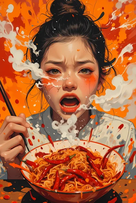 acrylic painting style, a person with flushed cheeks and watery eyes crying as they eat an extremely spicy dish, steam rising from a bowl of red chili-infused noodles, vibrant splashes of red and orange paint to emphasize heat, exaggerated tear streams, dr...
