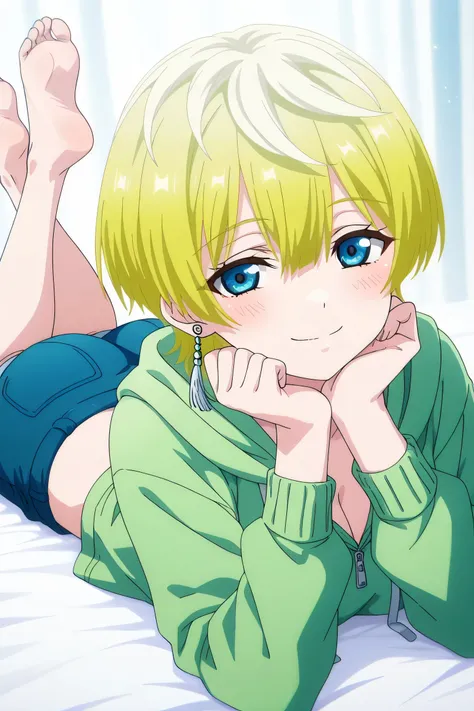 tenka izumo, solo girl, Anime style, short hair, multicolored hair, white hair, blonde hair, blue eyes, hair between eyes, single earring, green cropped hoodie, blue shorts, the pose, on stomach, feet up, lying, soles, feet, legs up, head rest, barefoot, c...