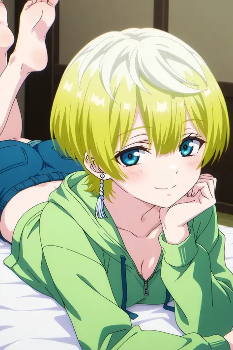 tenka izumo, solo girl, Anime style, short hair, multicolored hair, white hair, blonde hair, blue eyes, hair between eyes, single earring, green cropped hoodie, blue shorts, the pose, on stomach, feet up, lying, soles, feet, legs up, head rest, barefoot, c...