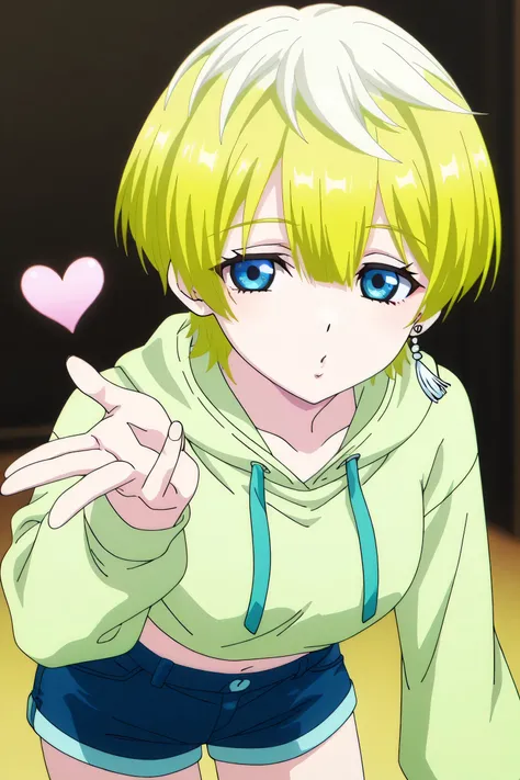 tenka izumo, solo girl, Anime style, short hair, multicolored hair, white hair, blonde hair, blue eyes, hair between eyes, single earring, green cropped hoodie, blue shorts,blowing kiss, heart