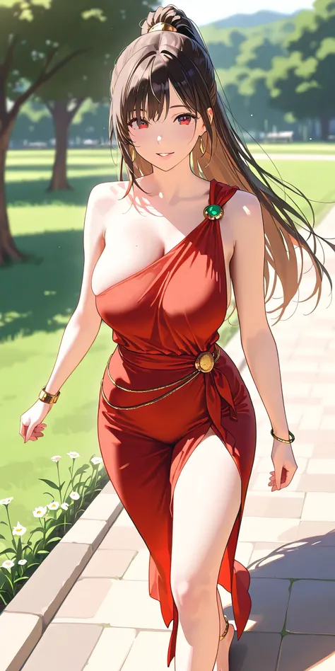 Masterpiece, newest, vibrant, very aesthetic, high contrast, beautiful girl, straight hair, high ponytail long hair, parted lips, smile, perfect body, big breast, saree, bracelet, anklet, bare foot, full body, walking, meadow, park, best quality, realistic...