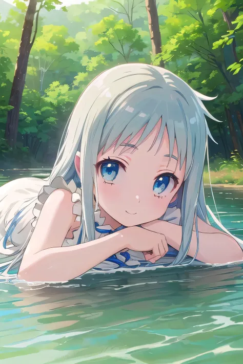 ((top quality)), ((masterpiece)), (Details), 1 girl。meiko honma, long hair, blue eyes, sleeveless dress。forest,river,((play in the river, lying on stomach,enjoy))。