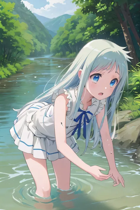 ((top quality)), ((masterpiece)), (Details), 1 girl。meiko honma, long hair, blue eyes, sleeveless dress。forest,river,((Drowning in the river:1.2))。