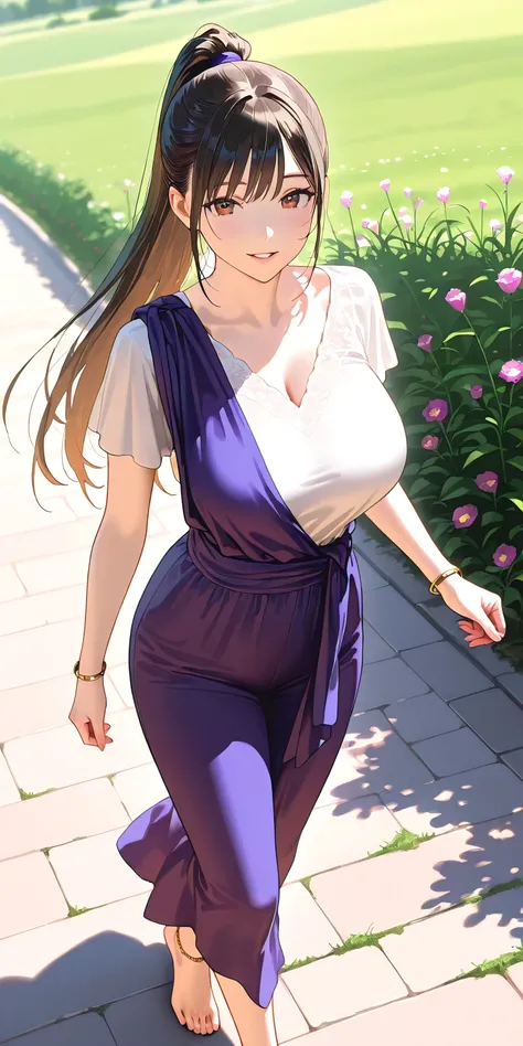 Masterpiece, newest, vibrant, very aesthetic, high contrast, beautiful girl, straight hair, high ponytail long hair, parted lips, smile, perfect body, big breast, saree, bracelet, anklet, bare foot, full body, walking, meadow, park, best quality, realistic...