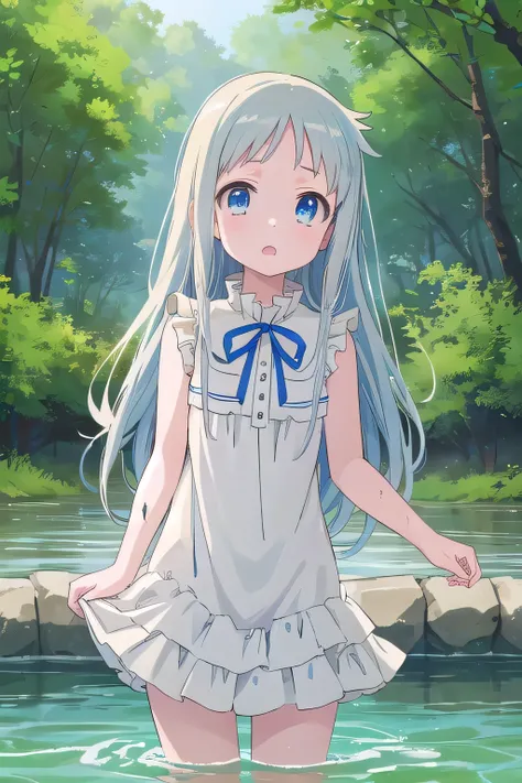 ((top quality)), ((masterpiece)), (Details), 1 girl。meiko honma, long hair, blue eyes, sleeveless dress。forest,river,((Drowning in the river:1.2, fiear))。