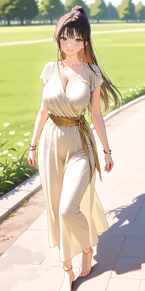 Masterpiece, newest, vibrant, very aesthetic, high contrast, beautiful girl, straight hair, high ponytail long hair, parted lips, smile, perfect body, big breast, saree, bracelet, anklet, bare foot, full body, walking, meadow, park, best quality, realistic...