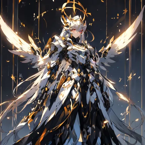 Angelic glowing snowy background,anime couple hugging and kissing ,  gold long scarf ,  gold long scarfjo  , Waiting for the man in formal suit wearing a white and platinum lab coat over a formal suit,Red Eyes, cabello largo color platino anime angel con a...