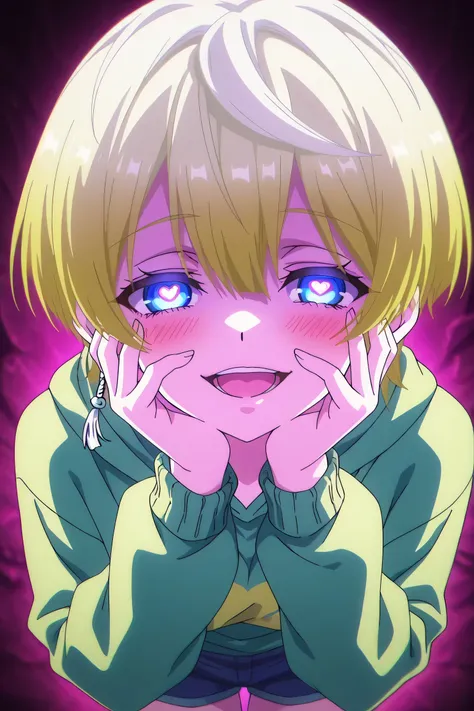 tenka izumo, solo girl, Anime style, short hair, multicolored hair, white hair, blonde hair, blue eyes, hair between eyes, single earring, green cropped hoodie, blue shorts, yandere trance, yandere, hands on own cheeks, hands on own face, crazy eyes, crazy...