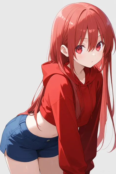 tsukasa_yuzaki, red hair, red eyes, long hair, hair between eyes, bangs, red cropped hoodie, blue shorts, 